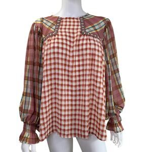 Entro Womens Boho Top Size M Sheer Fall Peasant Blouse Plaid Gingham Long Sleeve